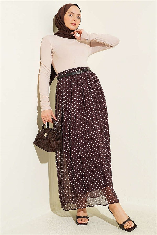 Thin Belted Polka Dot Chiffon Skirt in Brown