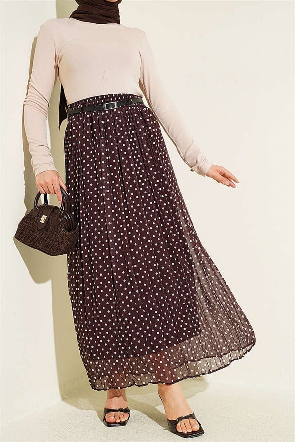 Thin Belted Polka Dot Chiffon Skirt in Brown