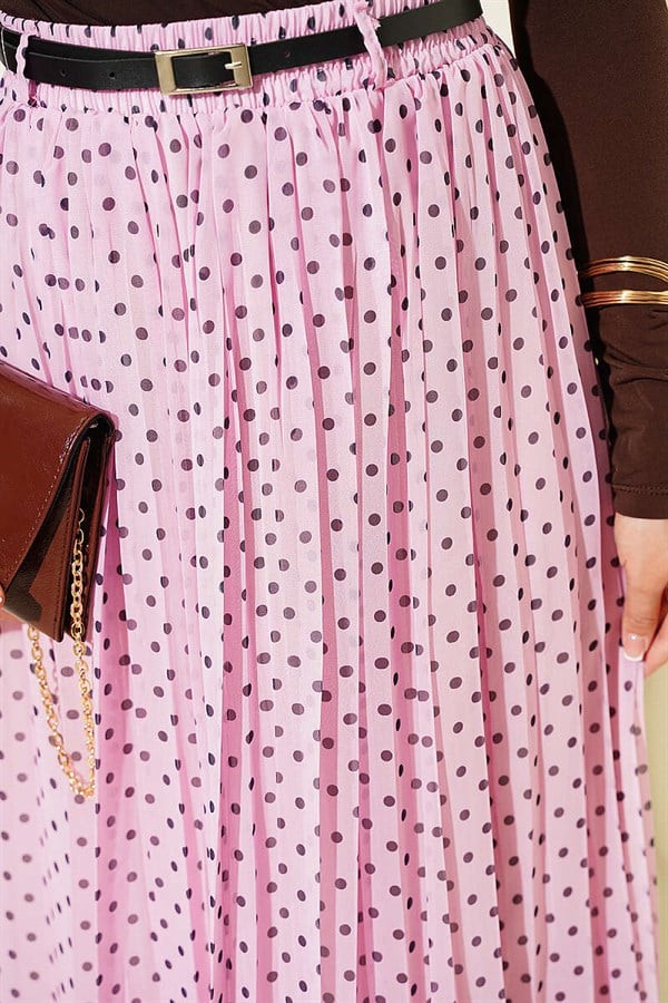 Pink Polka Dot Chiffon Skirt with Thin Belt
