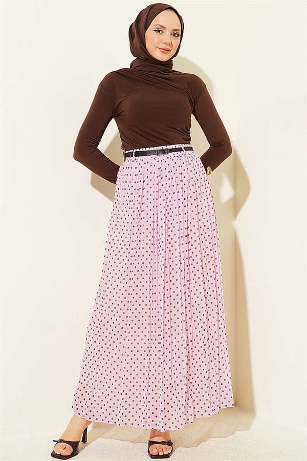 Pink Polka Dot Chiffon Skirt with Thin Belt