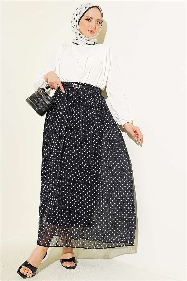 Thin Belted Polka Dot Chiffon Skirt, Black