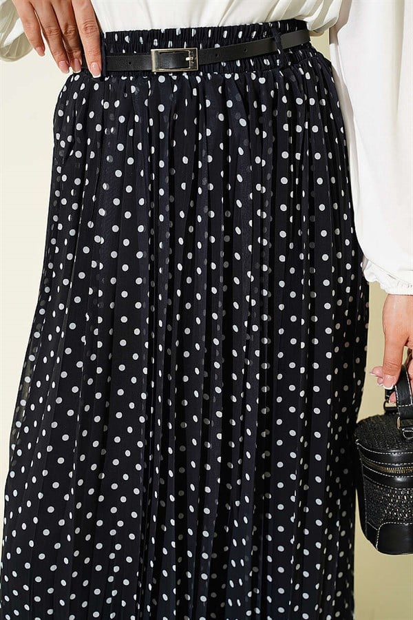 Thin Belted Polka Dot Chiffon Skirt, Black