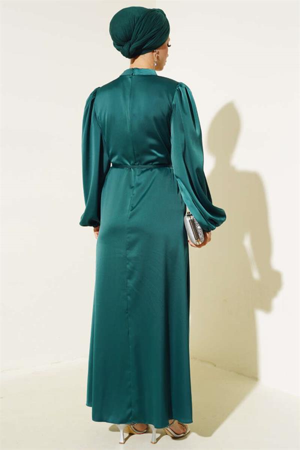 Thin Belted Elastic Sleeve Satin Dress Emerald
