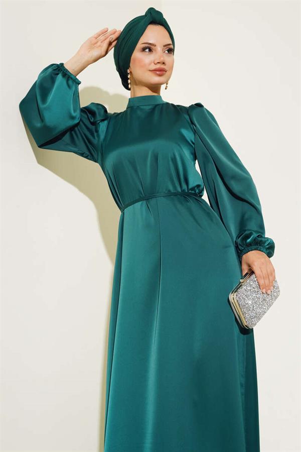 Thin Belted Elastic Sleeve Satin Dress Emerald
