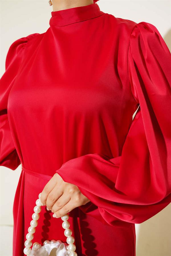 Thin Belted Elastic Sleeve Satin Dress Red
