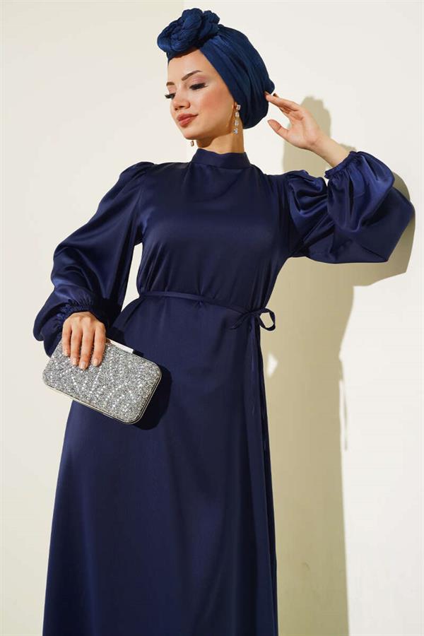 Thin Belted Elastic Sleeve Satin Dress Navy Blue