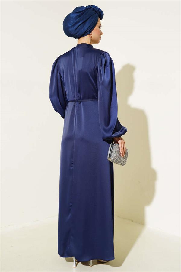 Thin Belted Elastic Sleeve Satin Dress Navy Blue