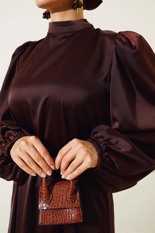 Thin Belted Elastic Sleeve Satin Dress Brown