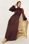 Thin Belted Elastic Sleeve Satin Dress Brown