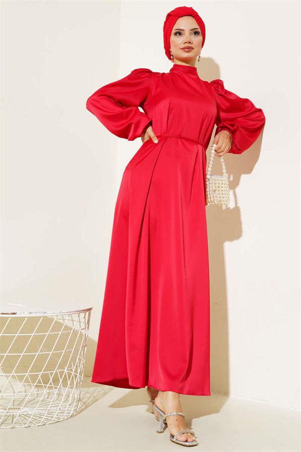 Thin Belted Elastic Sleeve Satin Dress Red