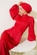 Thin Belted Elastic Sleeve Satin Dress Red
