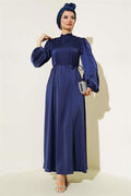 Thin Belted Elastic Sleeve Satin Dress Navy Blue