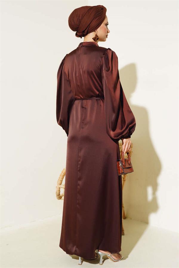 Thin Belted Elastic Sleeve Satin Dress Brown