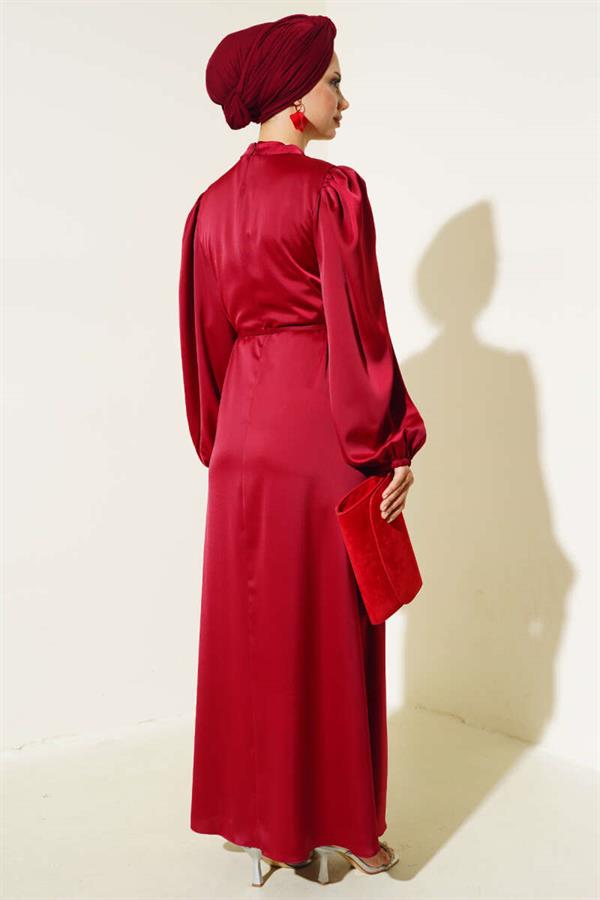 Thin Belted Elastic Sleeve Satin Dress Burgundy