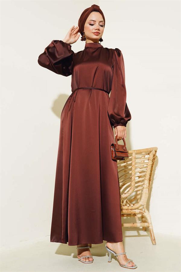Thin Belted Elastic Sleeve Satin Dress Brown