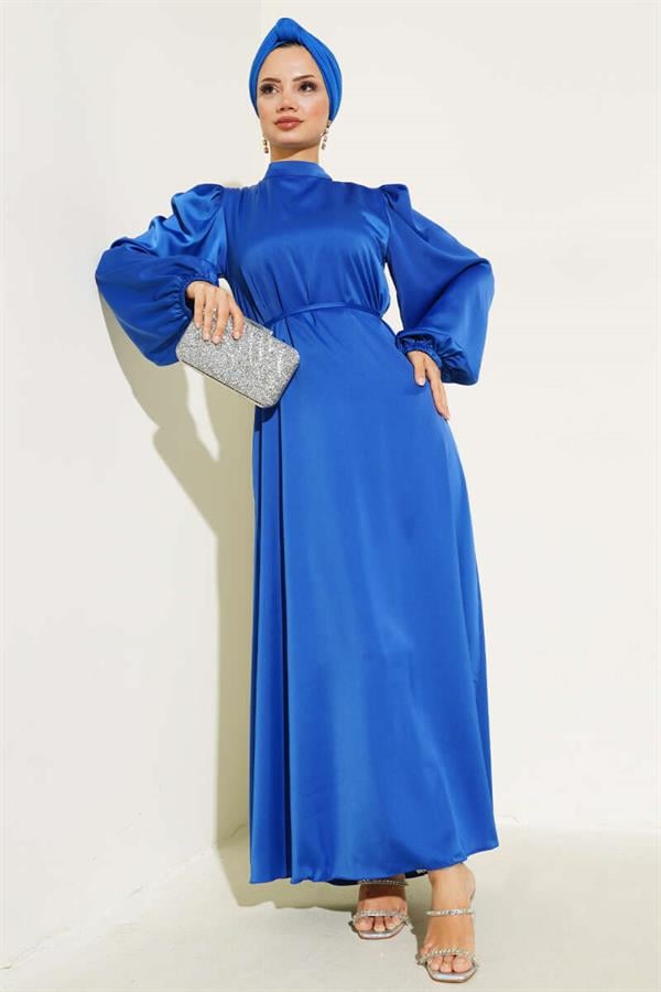 Thin Belted Elastic Sleeve Satin Dress in Saxe