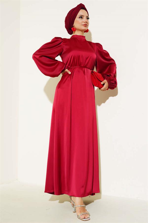 Thin Belted Elastic Sleeve Satin Dress Burgundy