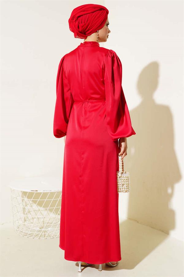 Thin Belted Elastic Sleeve Satin Dress Red