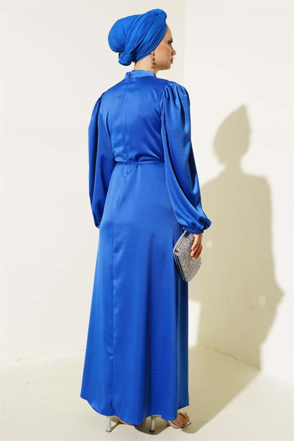 Thin Belted Elastic Sleeve Satin Dress in Saxe