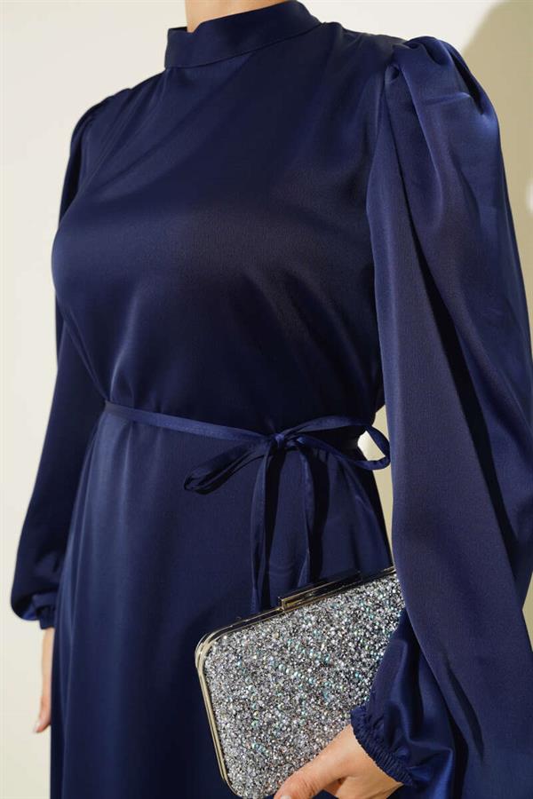 Thin Belted Elastic Sleeve Satin Dress Navy Blue