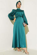 Thin Belted Elastic Sleeve Satin Dress Emerald