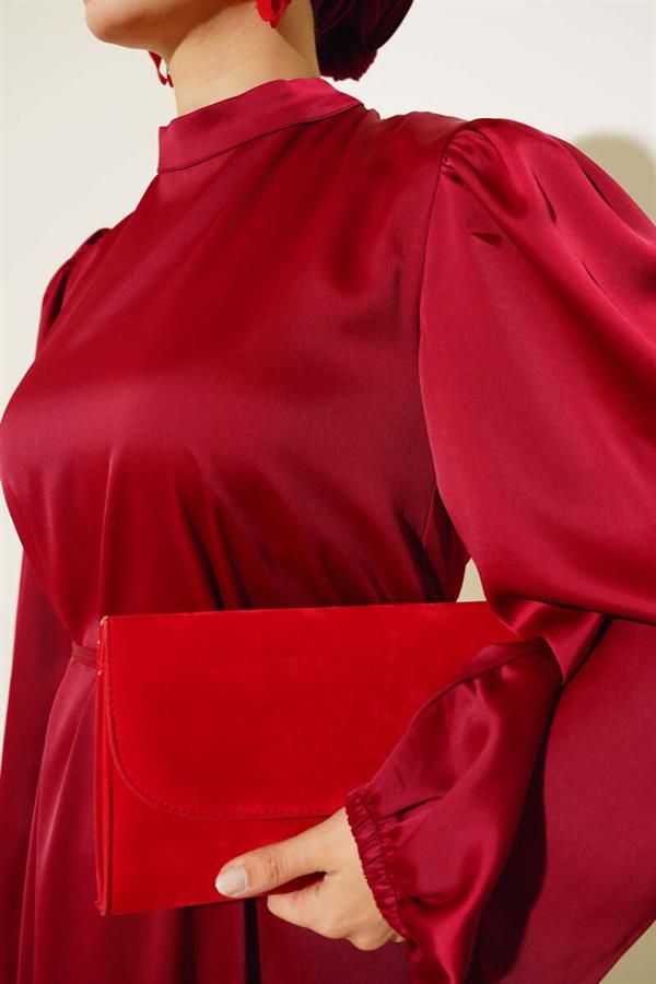 Thin Belted Elastic Sleeve Satin Dress Burgundy