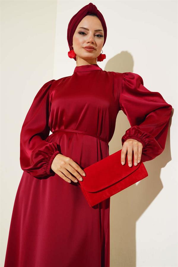 Thin Belted Elastic Sleeve Satin Dress Burgundy