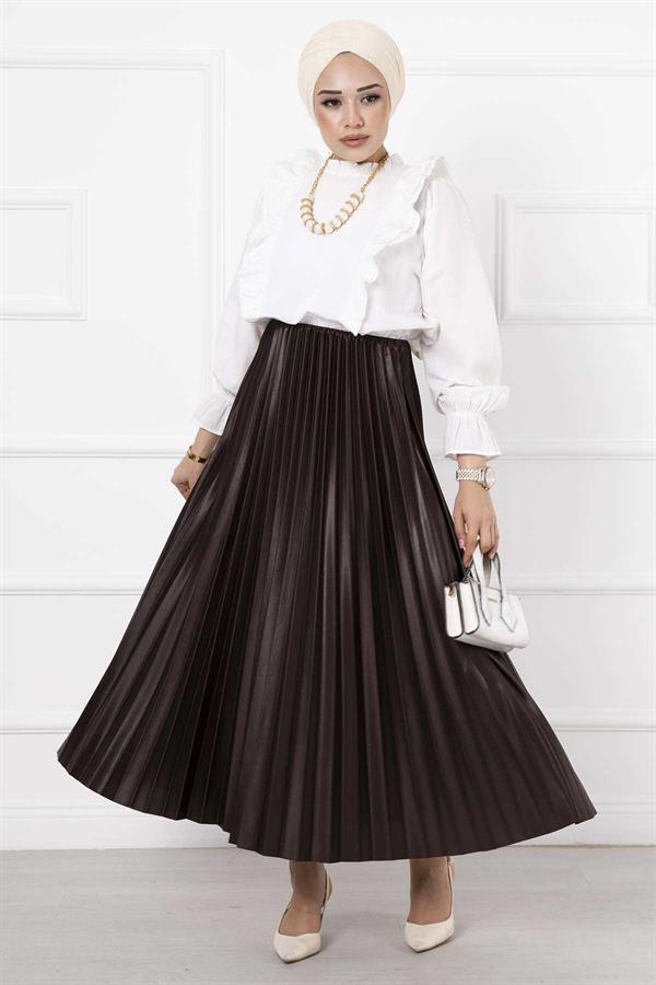 Fine Pleated Long Hijab Skirt Brown