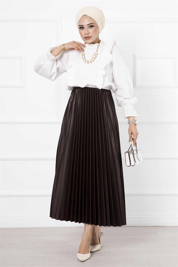 Fine Pleated Long Hijab Skirt Brown