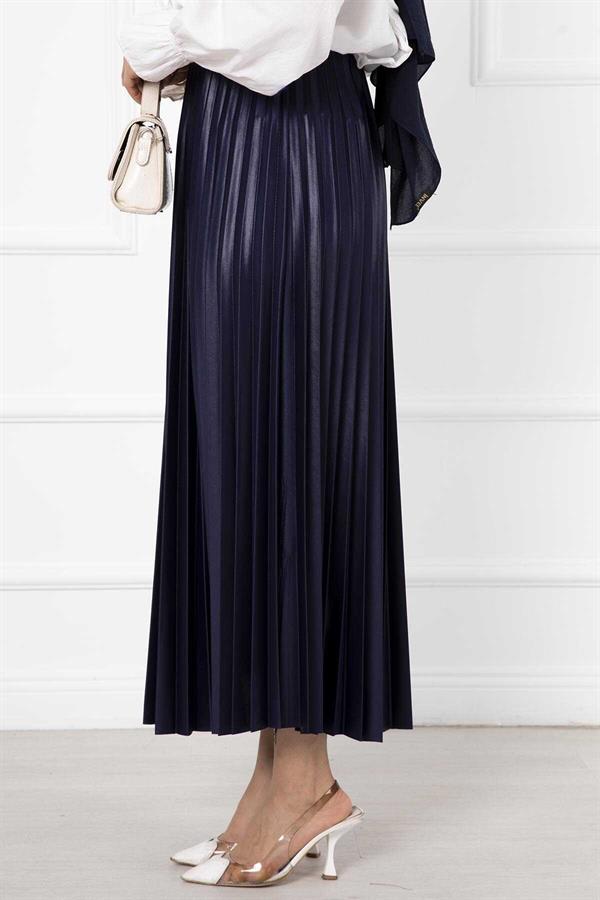Fine Pleated Long Hijab Skirt Navy Blue