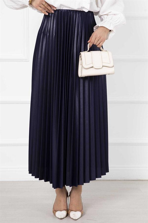 Fine Pleated Long Hijab Skirt Navy Blue