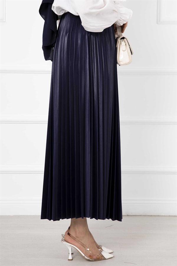 Fine Pleated Long Hijab Skirt Navy Blue