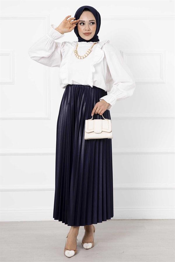 Fine Pleated Long Hijab Skirt Navy Blue