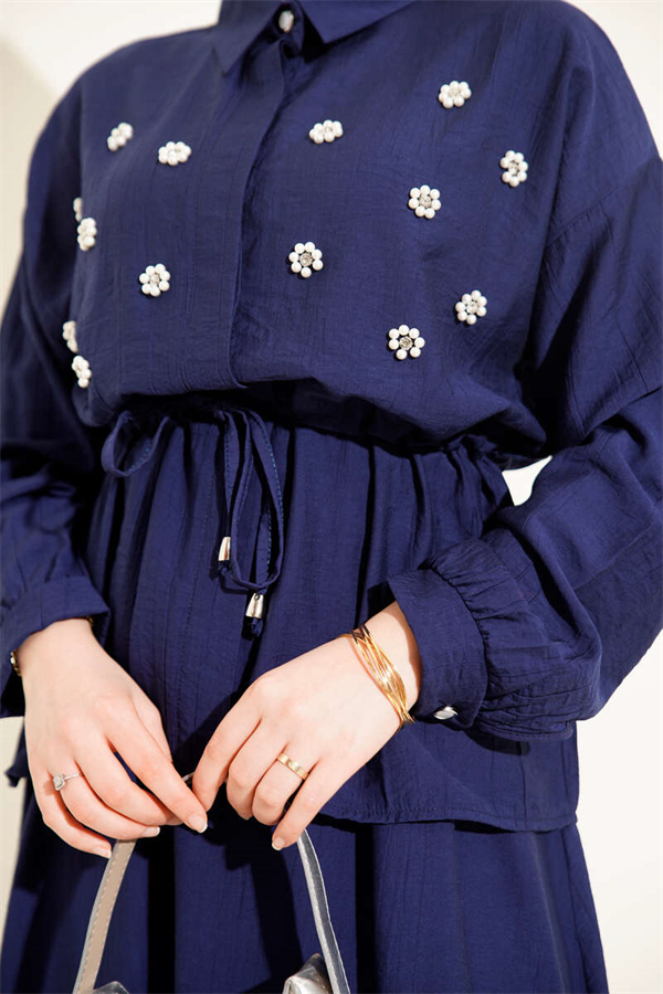Pearl Flower Waist Tunnel Skirt 2 Piece Set Navy Blue