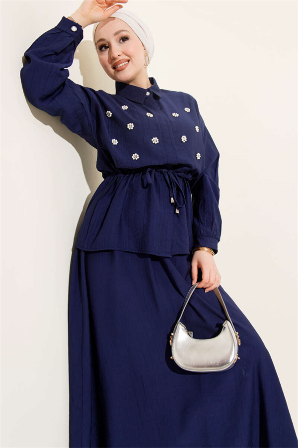 Pearl Flower Waist Tunnel Skirt 2 Piece Set Navy Blue