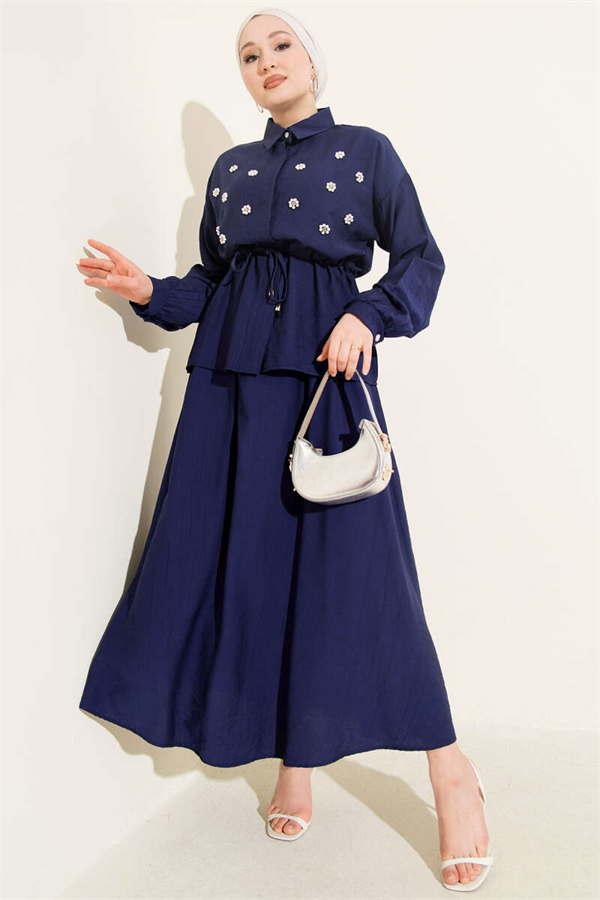 Pearl Flower Waist Tunnel Skirt 2 Piece Set Navy Blue