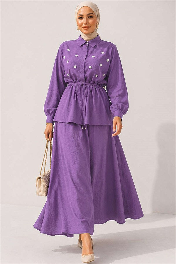 Pearl Flower Waist Tunnel Skirt 2 Piece Set in Lilac