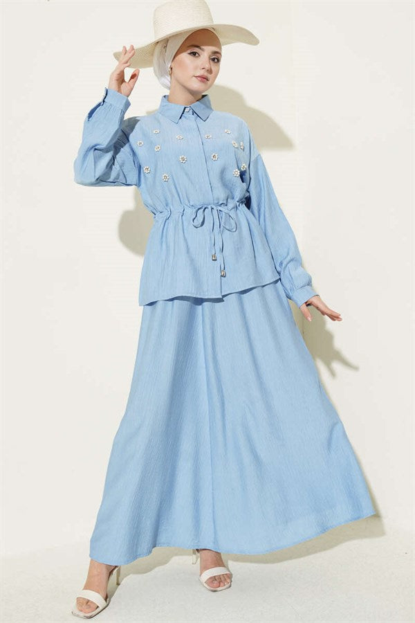 Pearl Flower Waist Tunnel Skirt 2 Piece Set, Blue