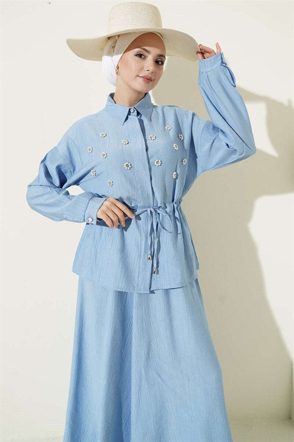 Pearl Flower Waist Tunnel Skirt 2 Piece Set, Blue