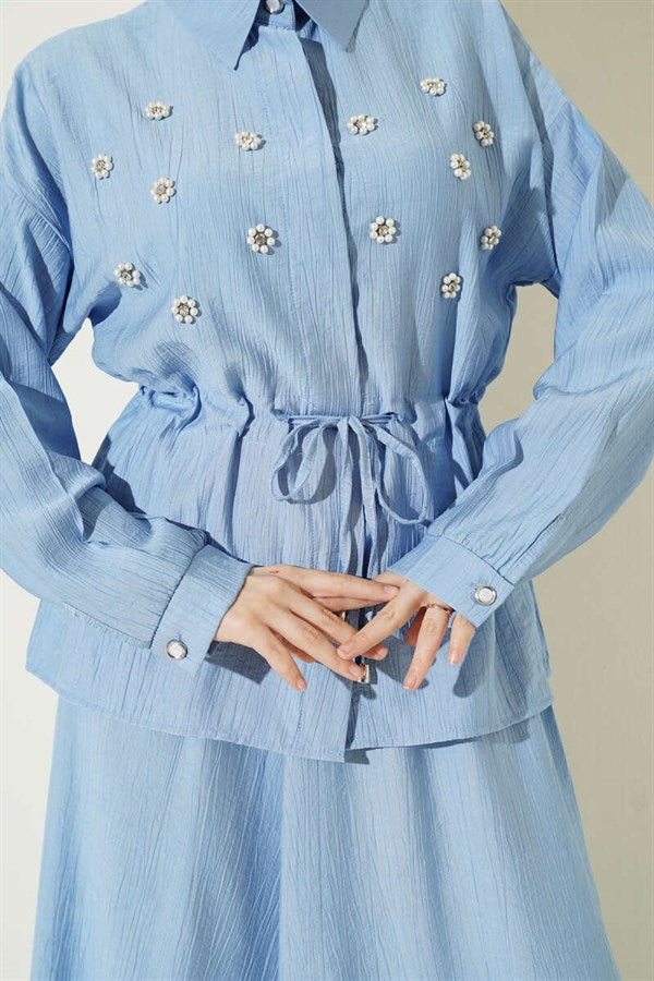 Pearl Flower Waist Tunnel Skirt 2 Piece Set, Blue