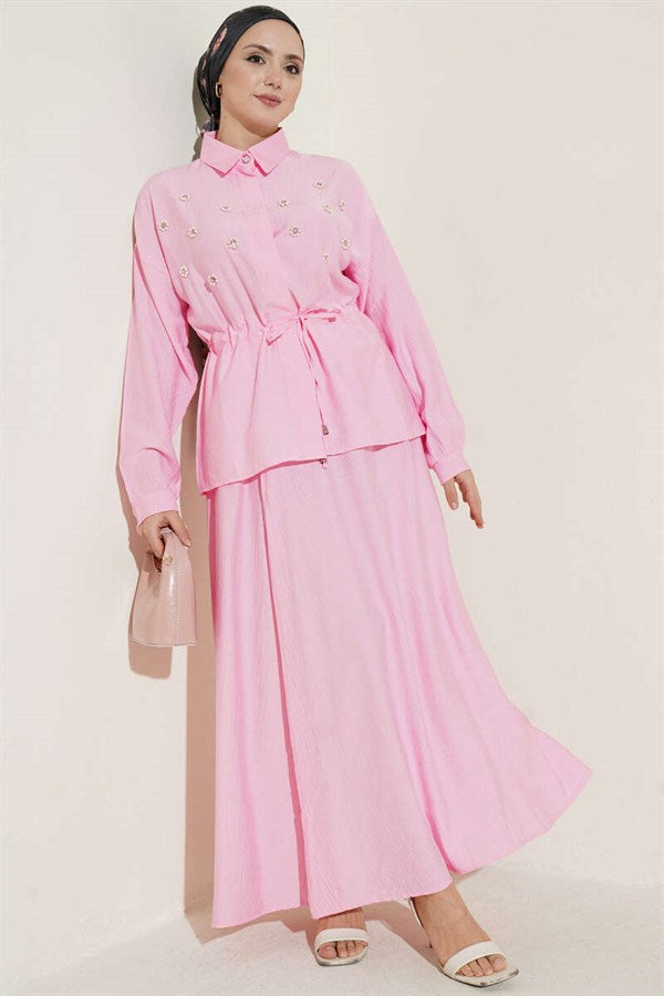 Pink Pearl Flower Waist Tunnel Skirt 2 Piece Set