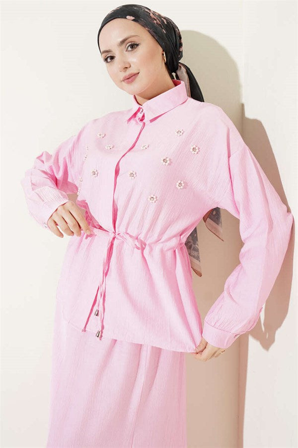 Pink Pearl Flower Waist Tunnel Skirt 2 Piece Set