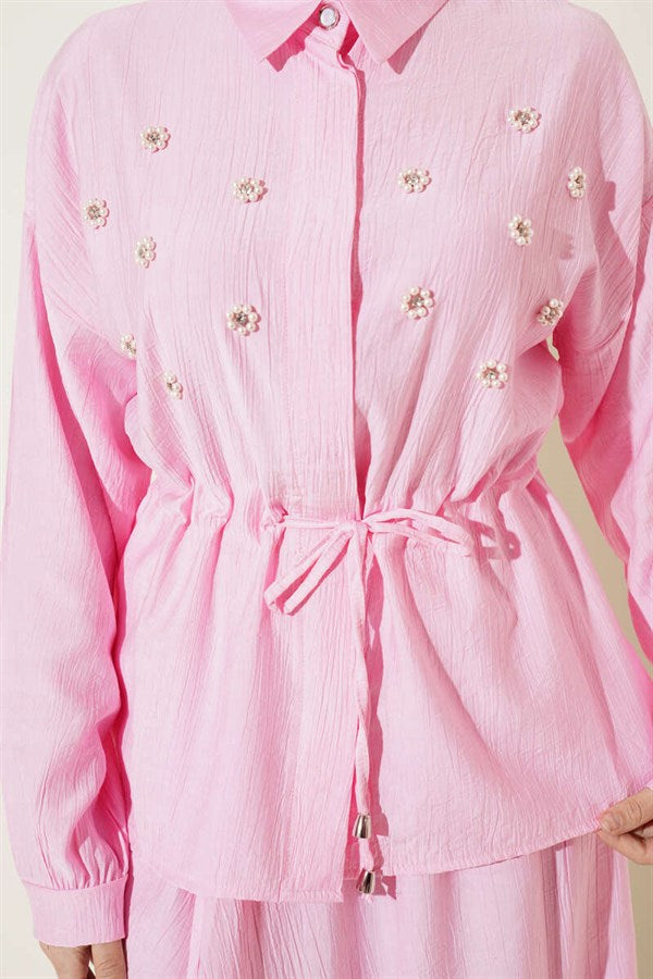 Pink Pearl Flower Waist Tunnel Skirt 2 Piece Set