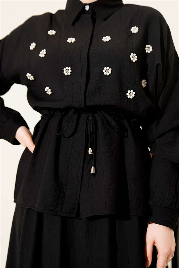 Pearl Flower Waist Tunnel Skirt 2 Piece Set Black