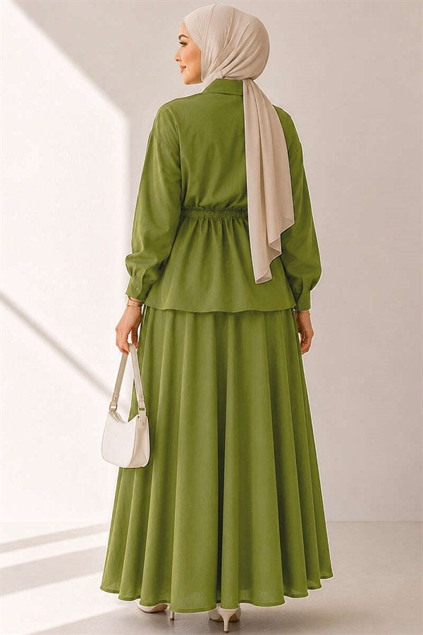 Pearl Flower Waist Tunnel Skirt 2 Piece Set in Olive Green