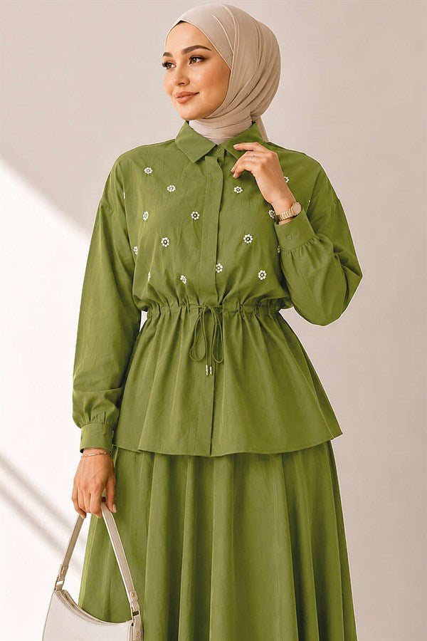 Pearl Flower Waist Tunnel Skirt 2 Piece Set in Olive Green
