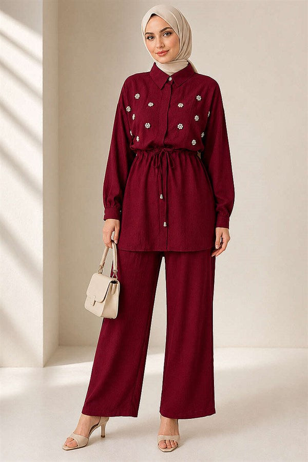 Pearl Flower Hidden Button 2 Piece Set in Burgundy