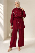 Pearl Flower Hidden Button 2 Piece Set in Burgundy