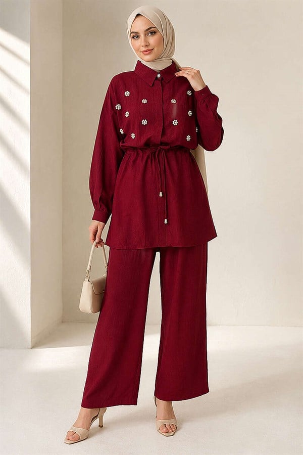 Pearl Flower Hidden Button 2 Piece Set in Burgundy