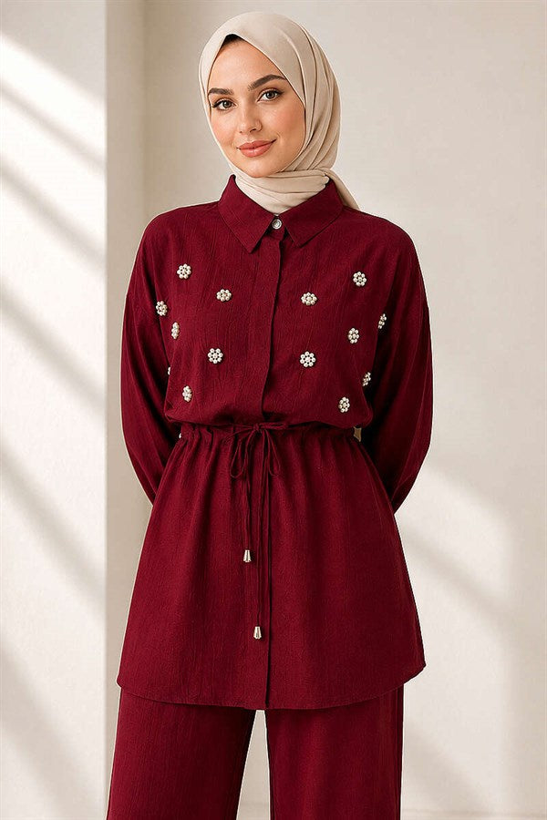 Pearl Flower Hidden Button 2 Piece Set in Burgundy